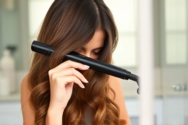 Woman styling perfect hair waves with a curling iron.